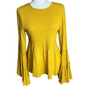 Altar'd State Top Tiered Ruffle Sleeve Smock Tunic Boho Romantic Mustard Women S